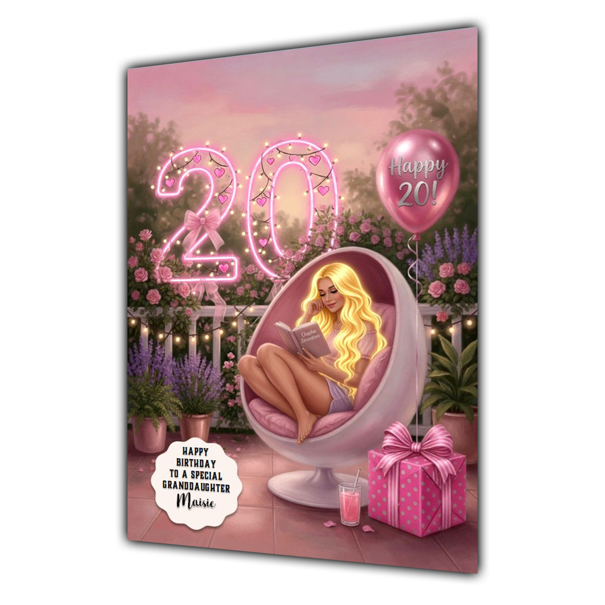 Personalised 20th Birthday Card - Woman Reading in a Garden Chair - Blonde Hair