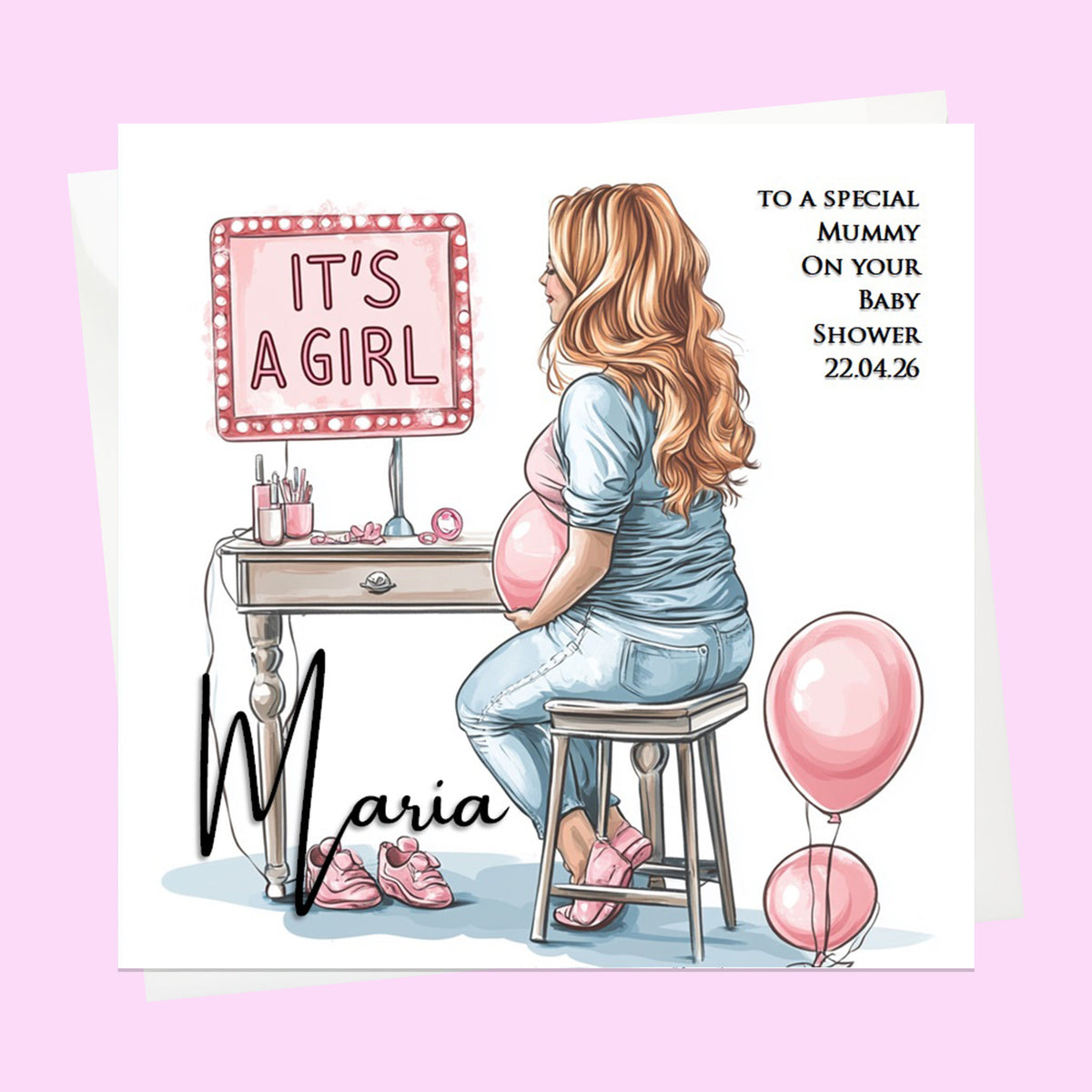Personalised Baby Shower Card - Mum to Be at a Dressing Table - It's a Girl