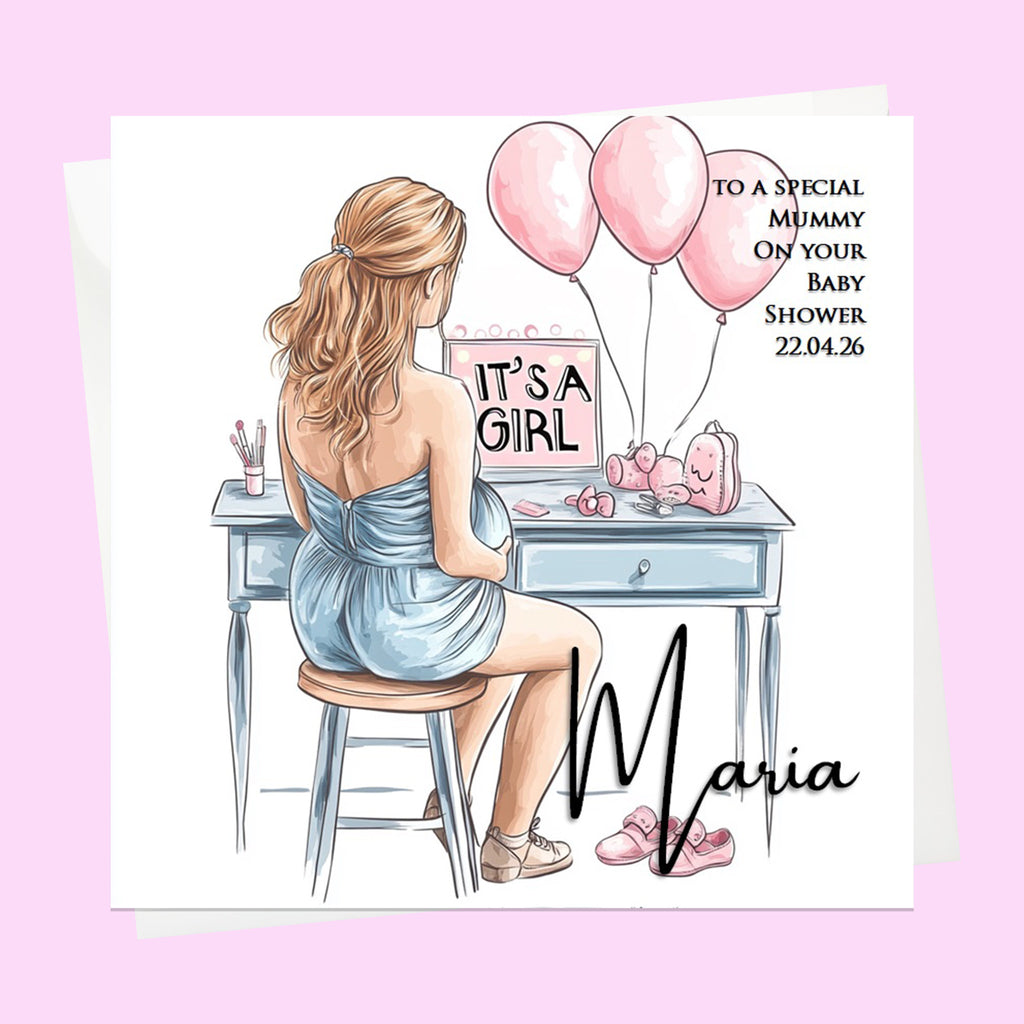 Personalised Baby Shower Card - Mum to Be at a Dressing Table - It's a Girl