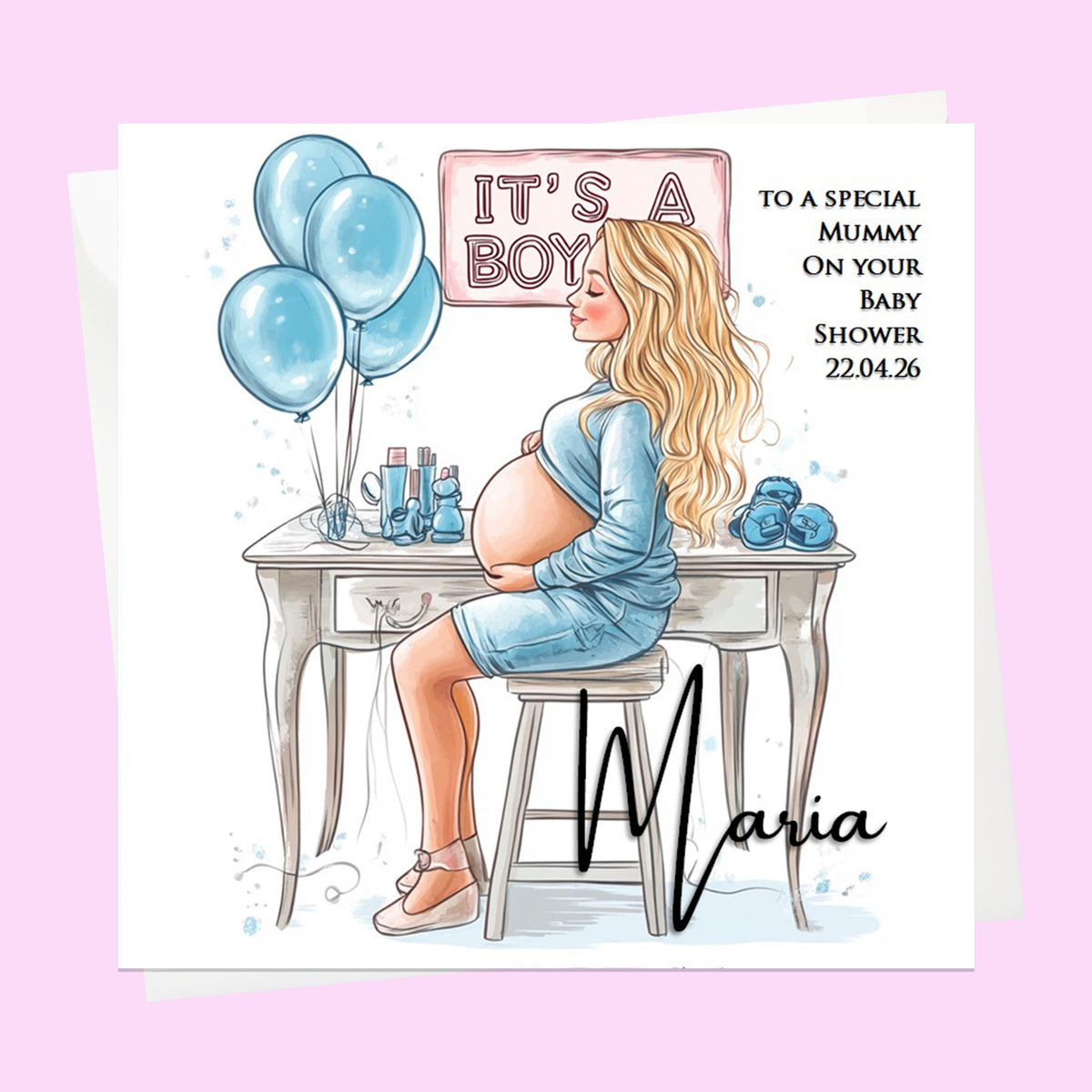 Personalised Baby Shower Card - Mum to Be at a Dressing Table - It's a Boy