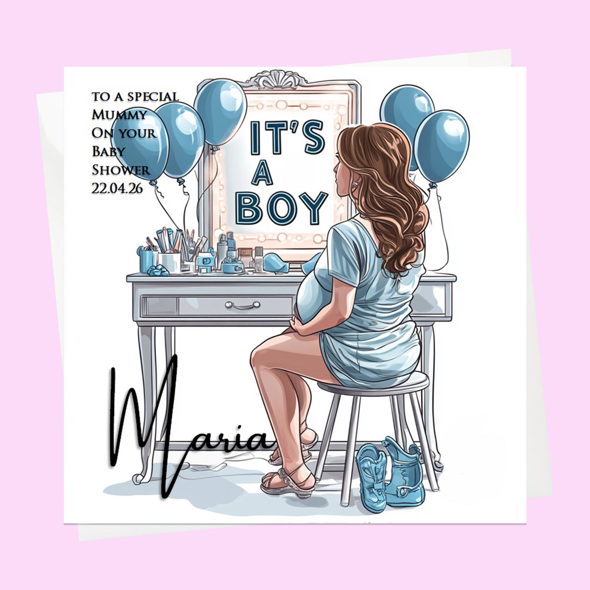 Personalised Baby Shower Card - Mum to Be at a Dressing Table - It's a Boy