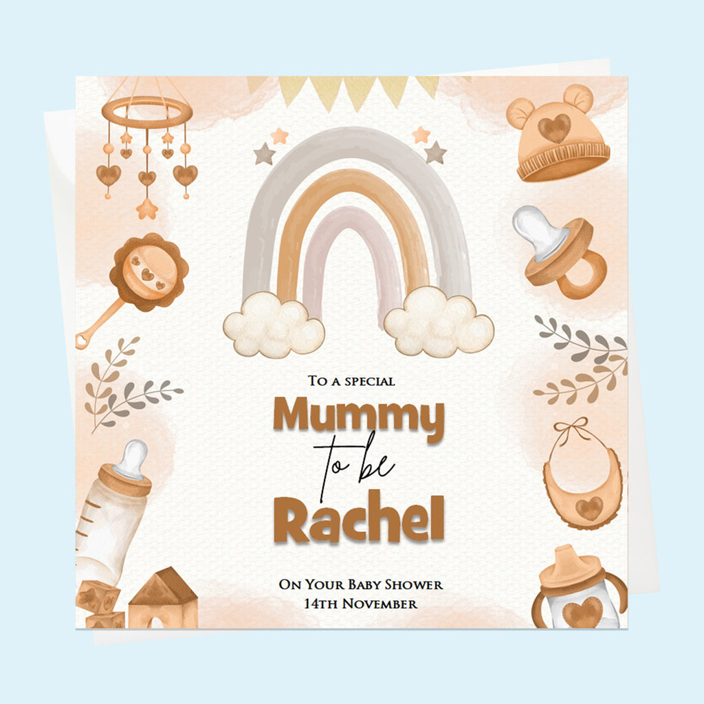 Personalised Baby Shower Card - Neutral Rainbow and Baby Accessories