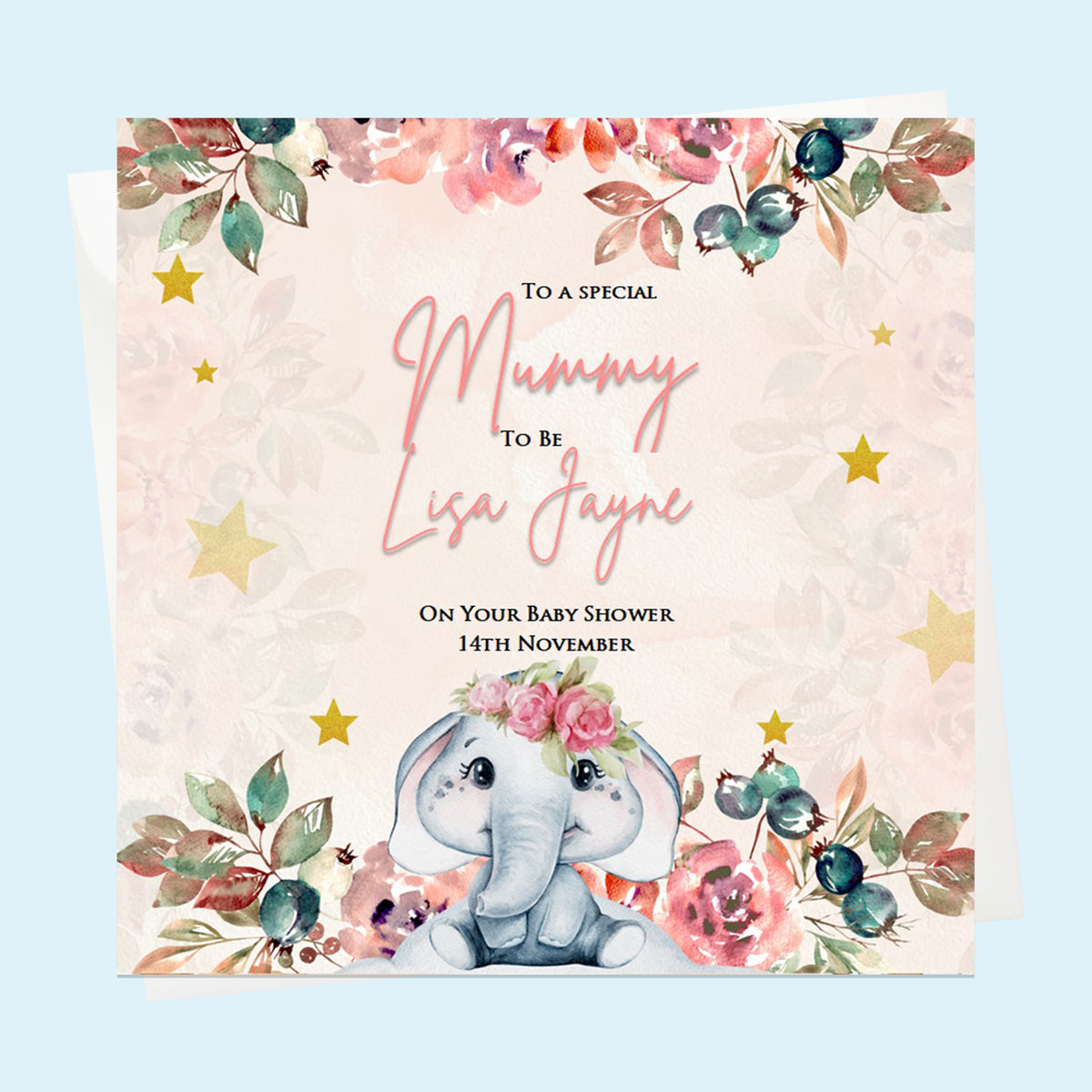 Personalised Baby Shower Card - Elephant and Pink Flowers