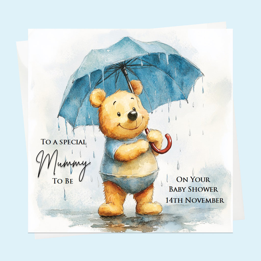 Personalised Baby Shower Card - Bear under a Blue Umbrella