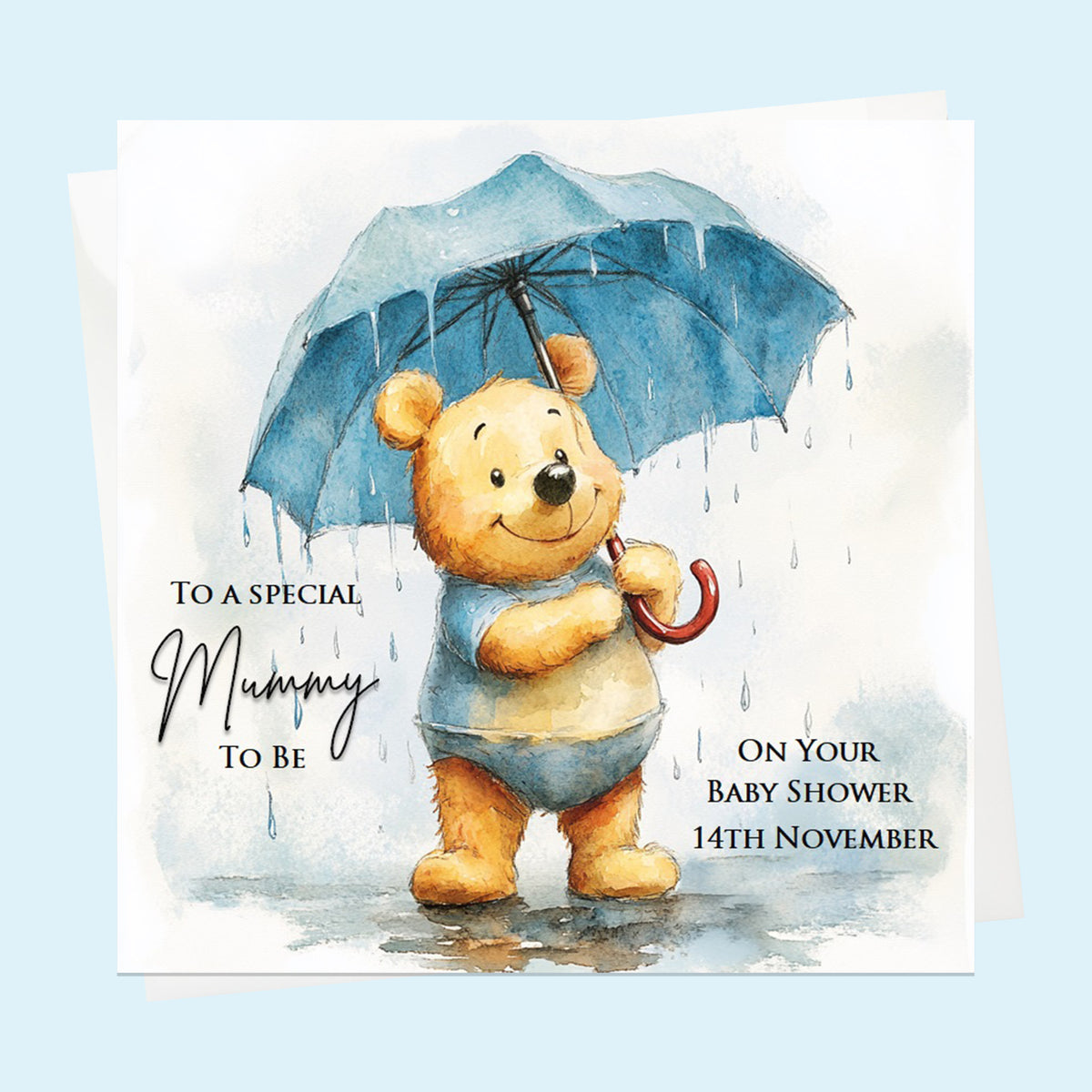 Personalised Baby Shower Card - Bear under a Blue Umbrella