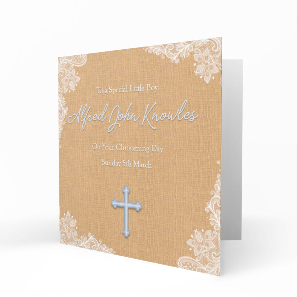 Personalised Christening Card - Blue Cross with Gold Background