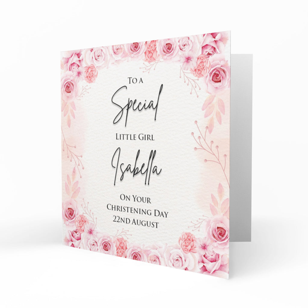 Personalised Christening Card - Pink Rose Border
