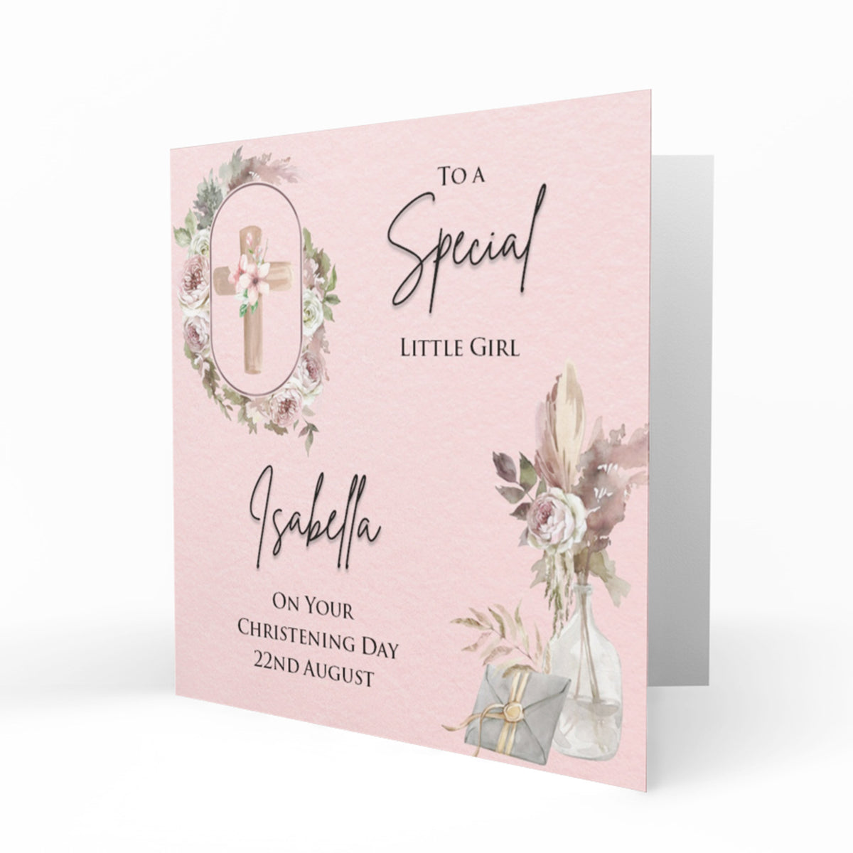 Personalised Christening Card - Pink Cross and Flowers