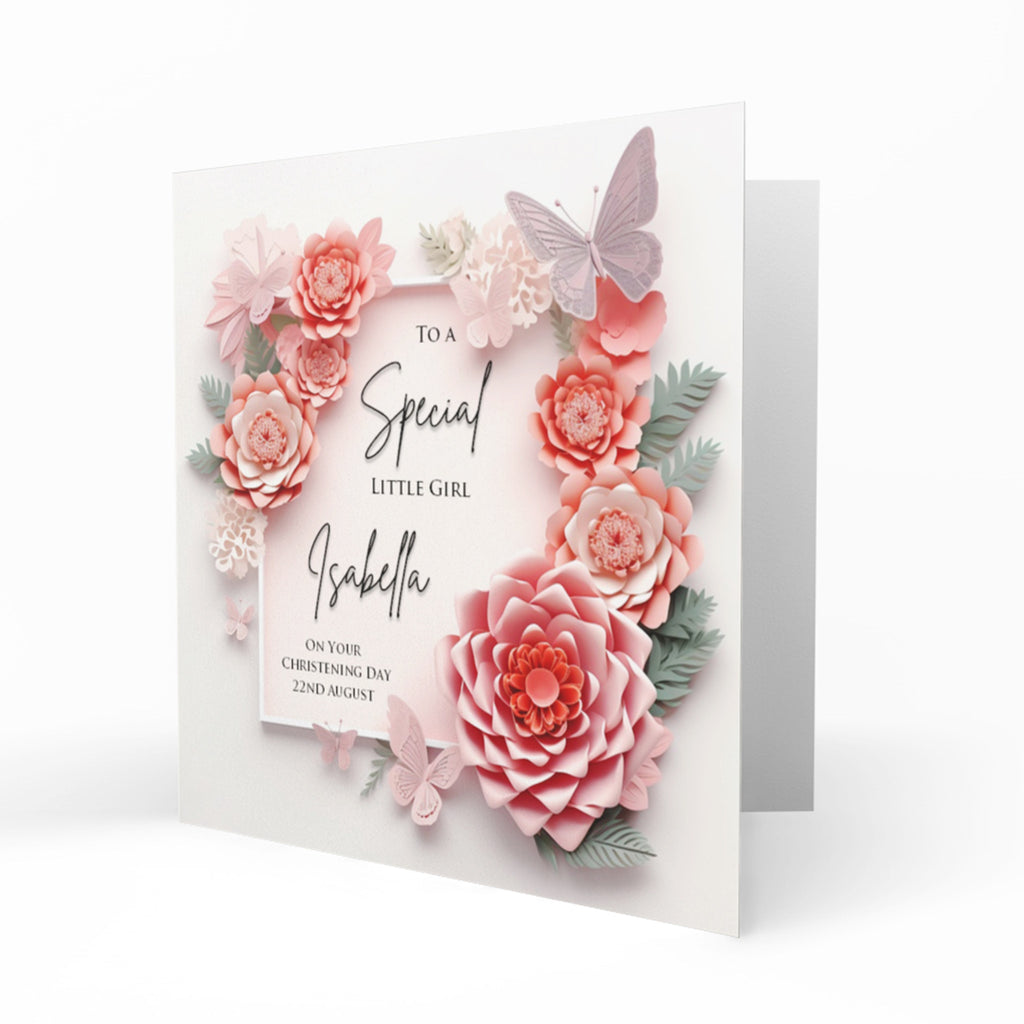 Personalised Christening Card - Pink Flowers and Butterflies