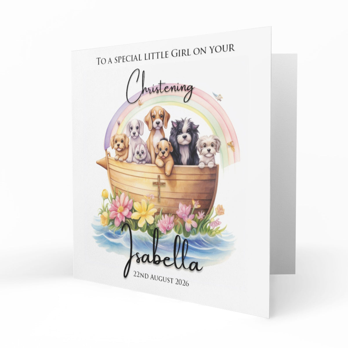 Personalised Christening Card - Puppies in an Ark with Rainbow
