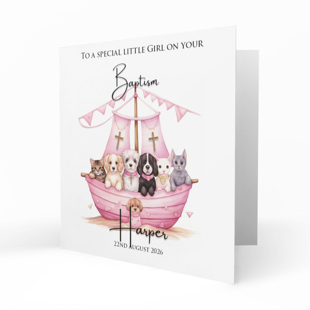 Personalised Baptism Card - Puppies in a Pink Ark