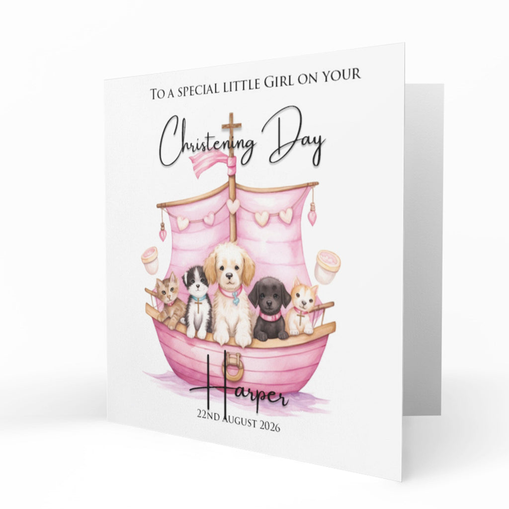Personalised Christening Card - Puppies in a Pink Ark