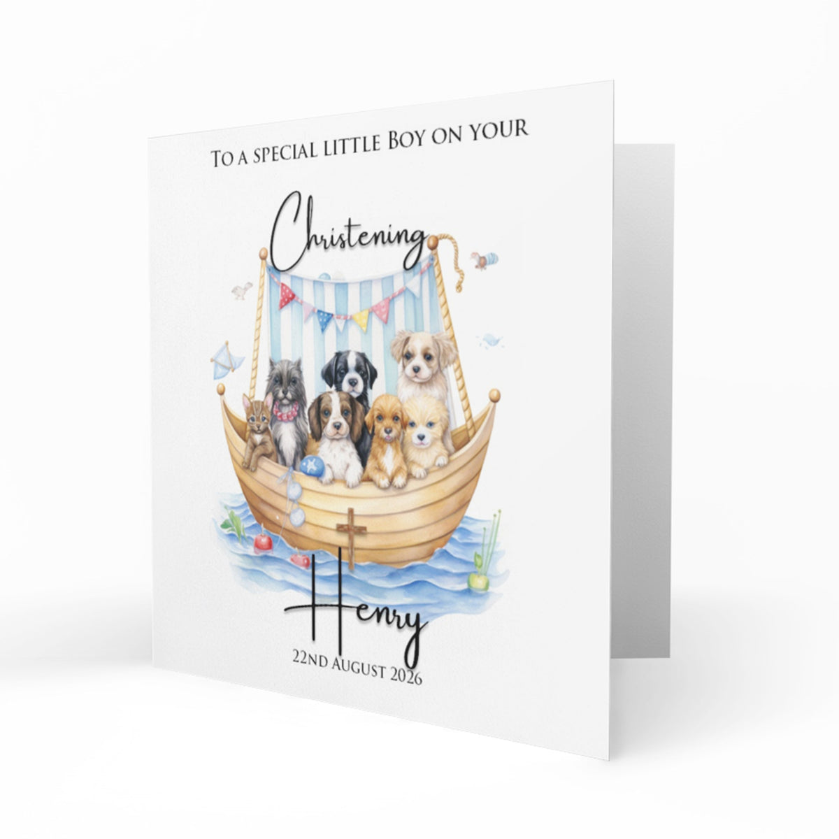 Personalised Christening Card - Puppies in an Ark with Blue Bunting