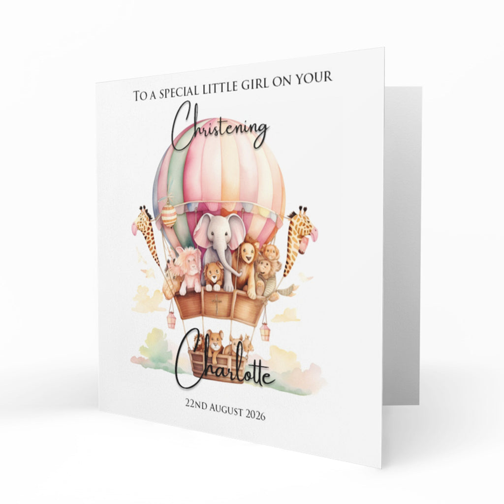 Personalised Christening Card - Animals in a Pink Hot Air Balloon