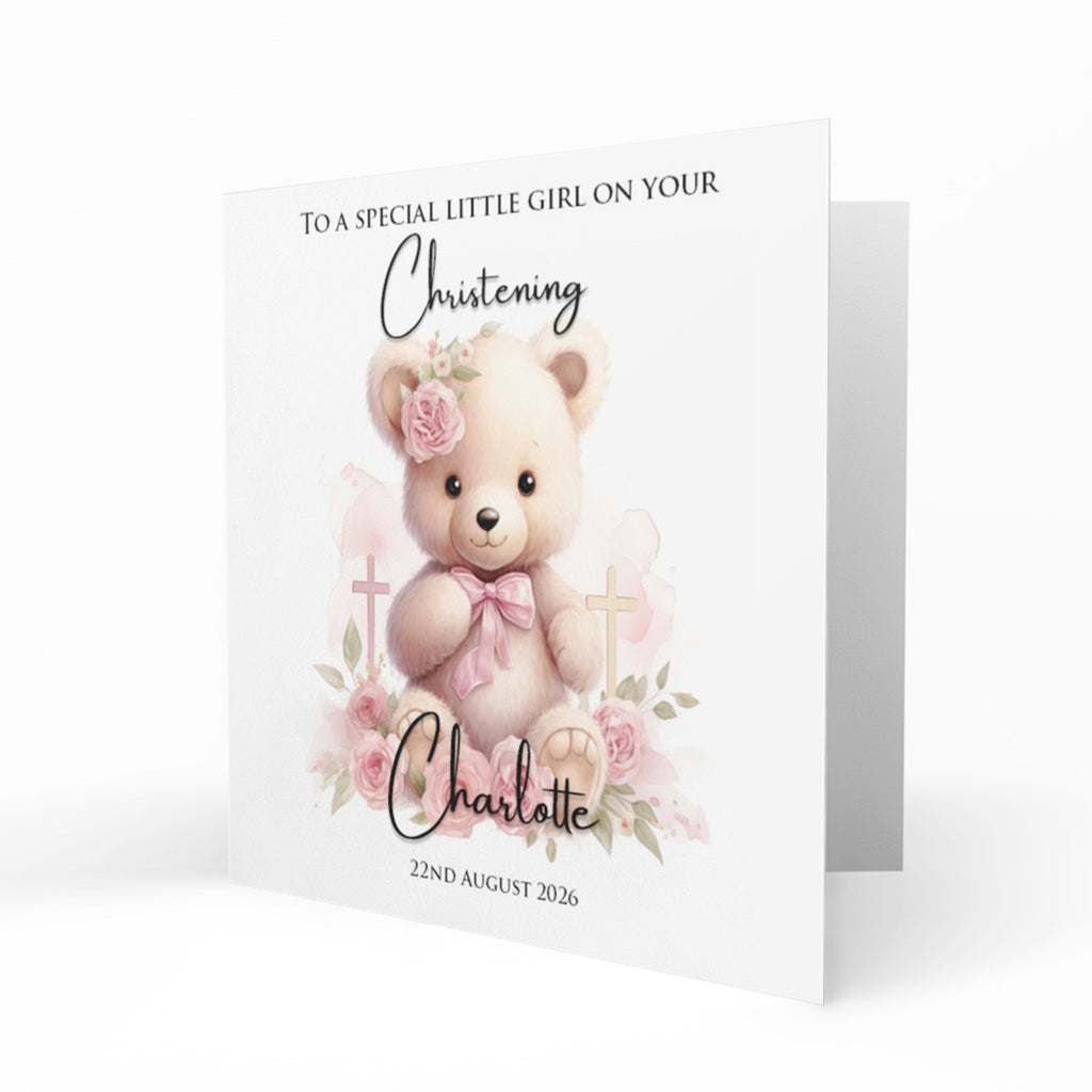 Personalised Christening Card - Pink Teddy Bear with Cross