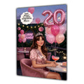 Personalised 20th Birthday Card - Woman Celebrating at a Cafe - Brown Hair