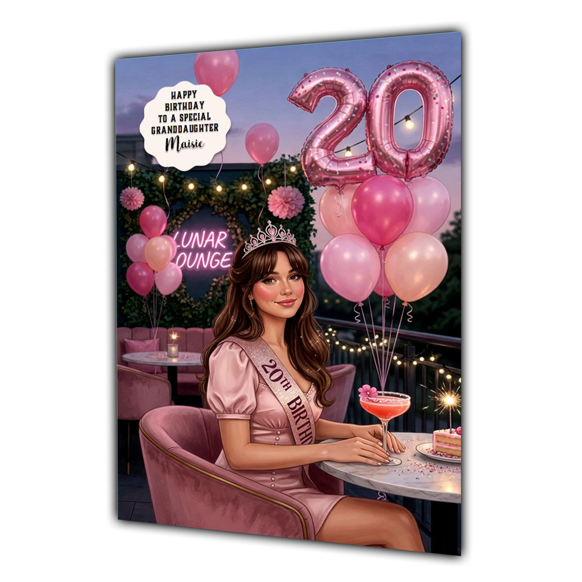 Personalised 20th Birthday Card - Woman Celebrating at a Cafe - Brown Hair