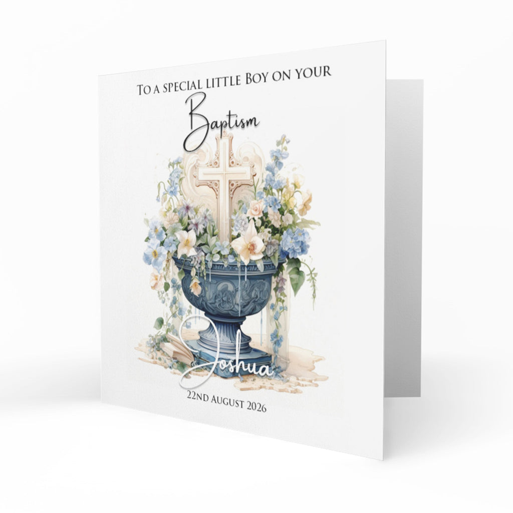 Personalised Baptism Card - Blue Floral Cross and Font