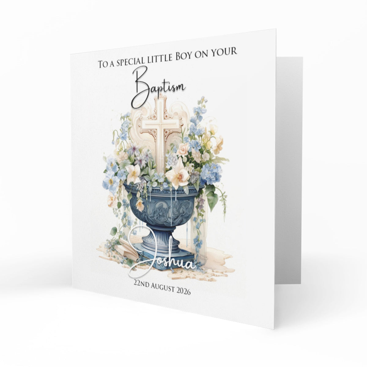 Personalised Baptism Card - Blue Floral Cross and Font