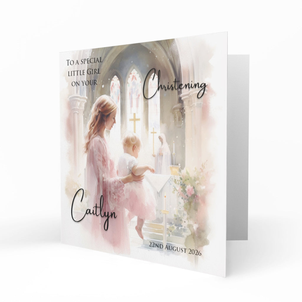 Personalised Christening Card - Mother and Baby in Church - Pink