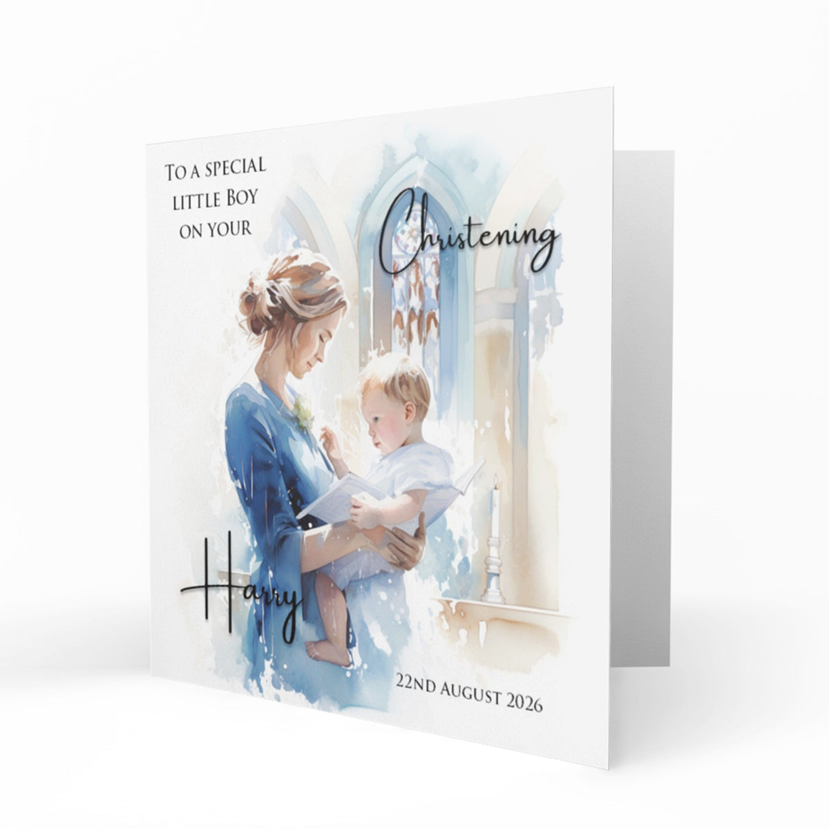 Personalised Christening Card - Mother and Baby in Church - Blue