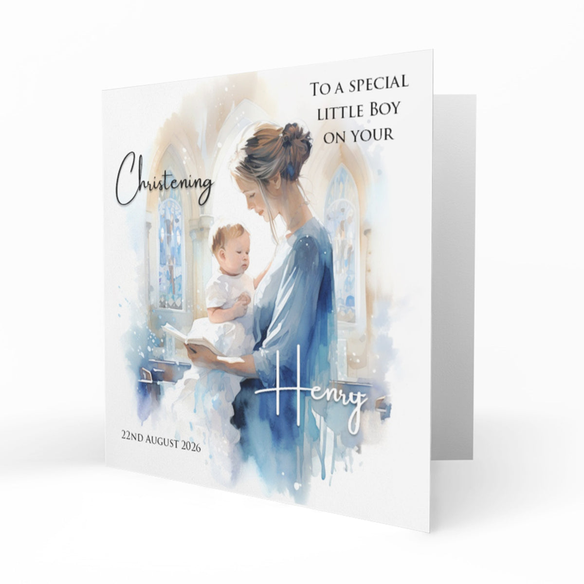 Personalised Christening Card - Mother and Baby in Church - Blue