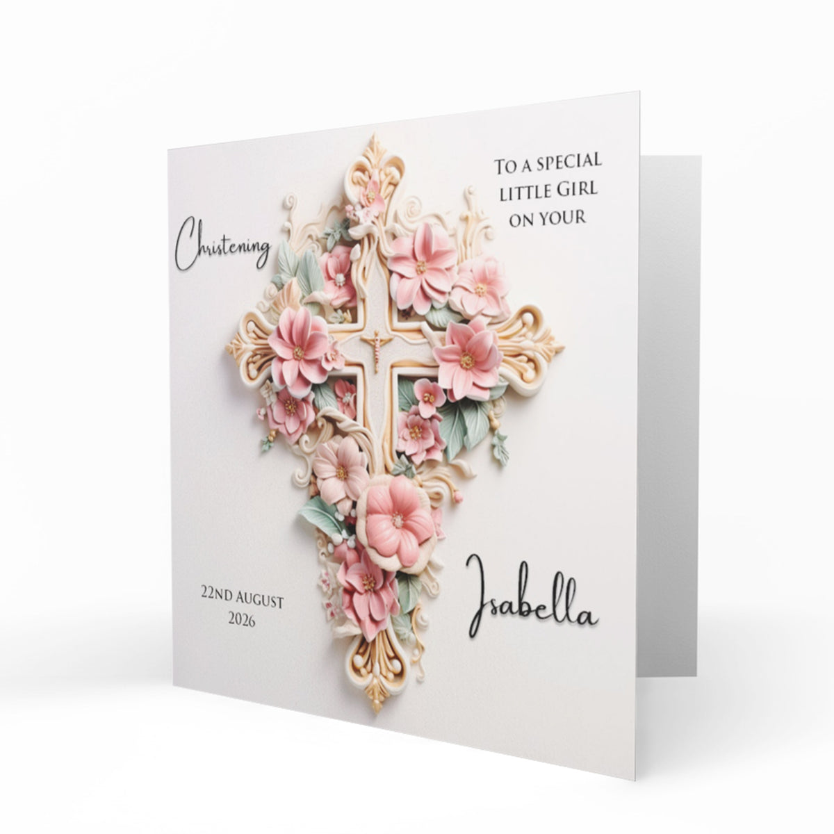 Personalised Christening Card - Pink Floral Cross