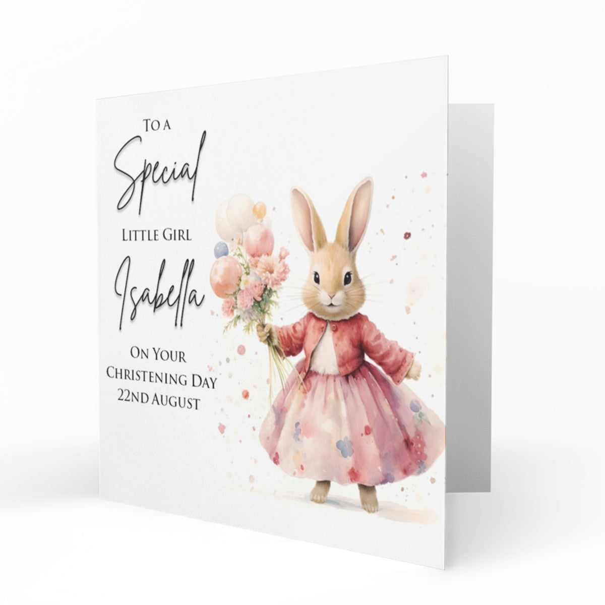Personalised Christening Card - Rabbit with Pink Dress and Flowers