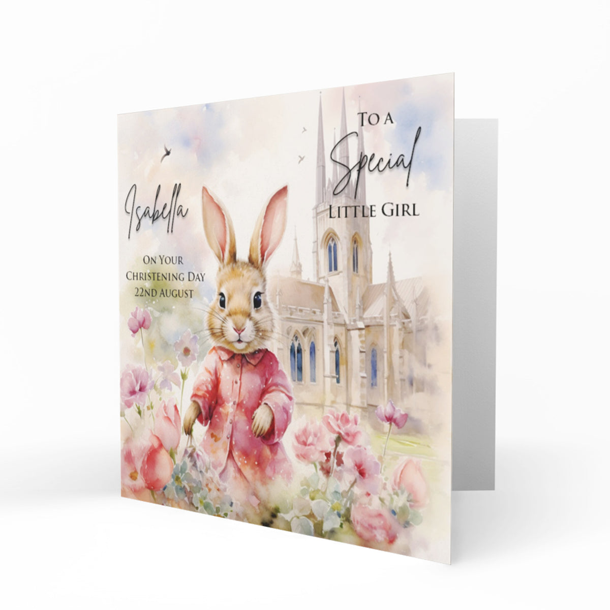 Personalised Christening Card - Rabbit in Pink by a Church