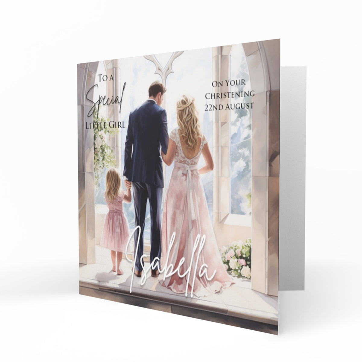 Personalised Christening Card - Family in Church - Pink