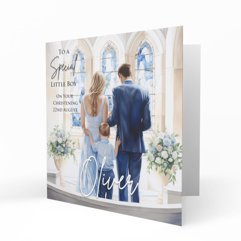 Personalised Christening Card - Family in Church - Blue