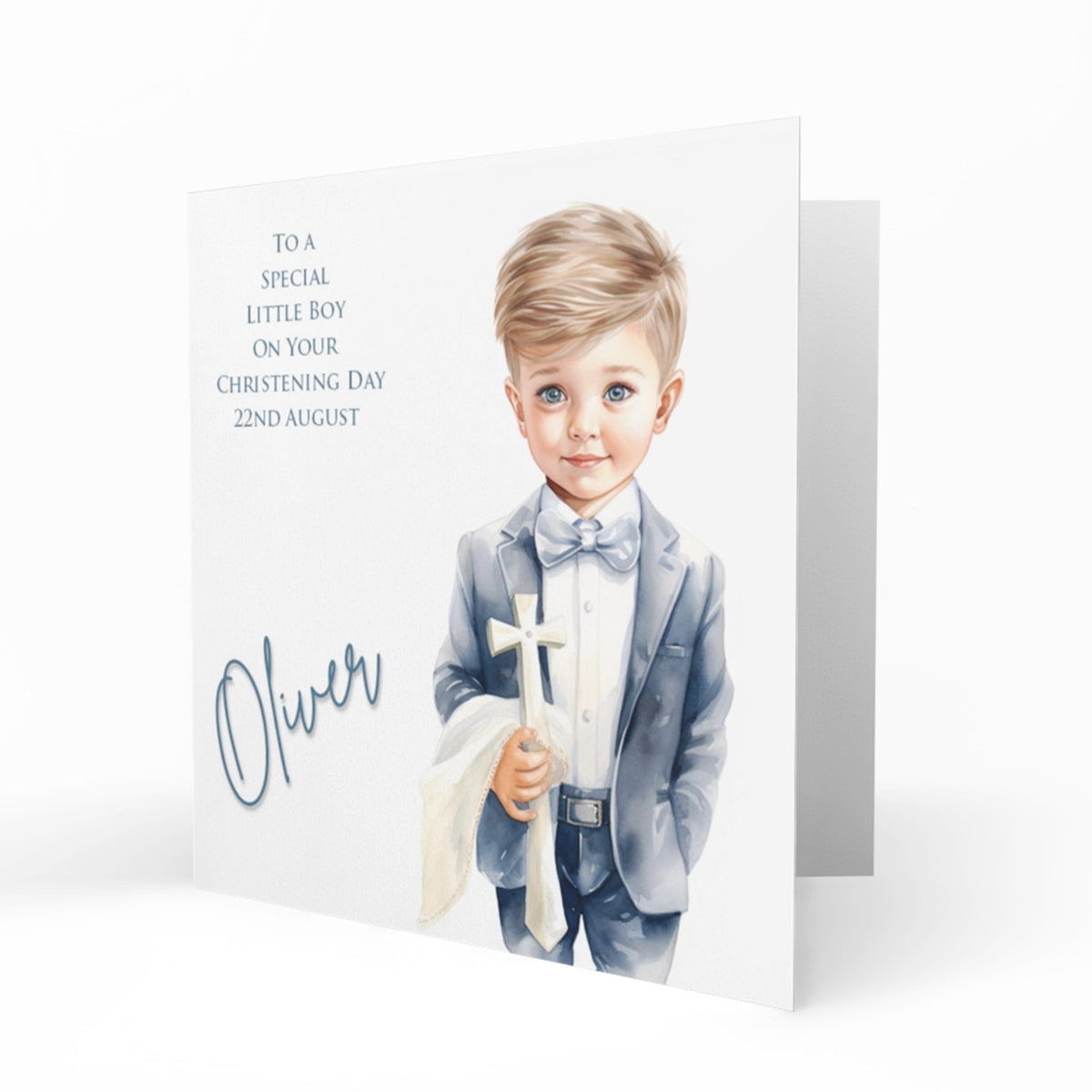 Personalised Christening Card - Blonde Boy Holding a Cross