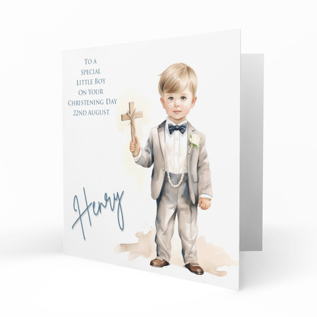 Personalised Christening Card - Blonde Boy Holding a Cross