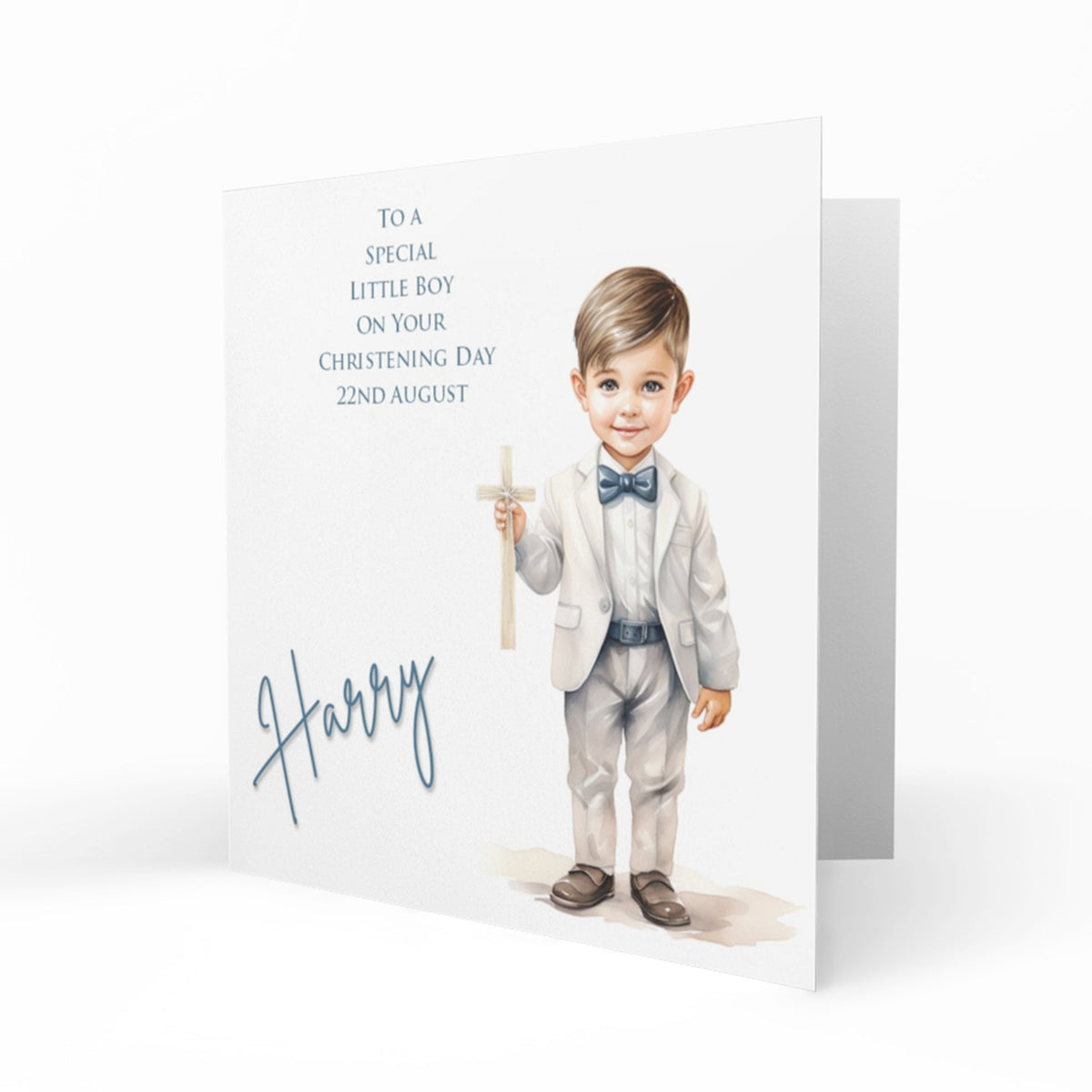 Personalised Christening Card - Brown Haired Boy Holding a Cross