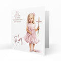 Personalised Christening Card - Blonde Girl in Pink Holding a Cross