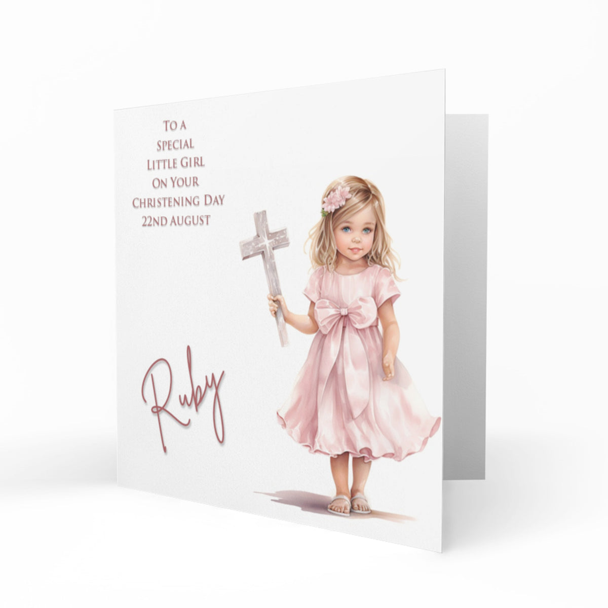 Personalised Christening Card - Blonde Girl in Pink Holding a Cross