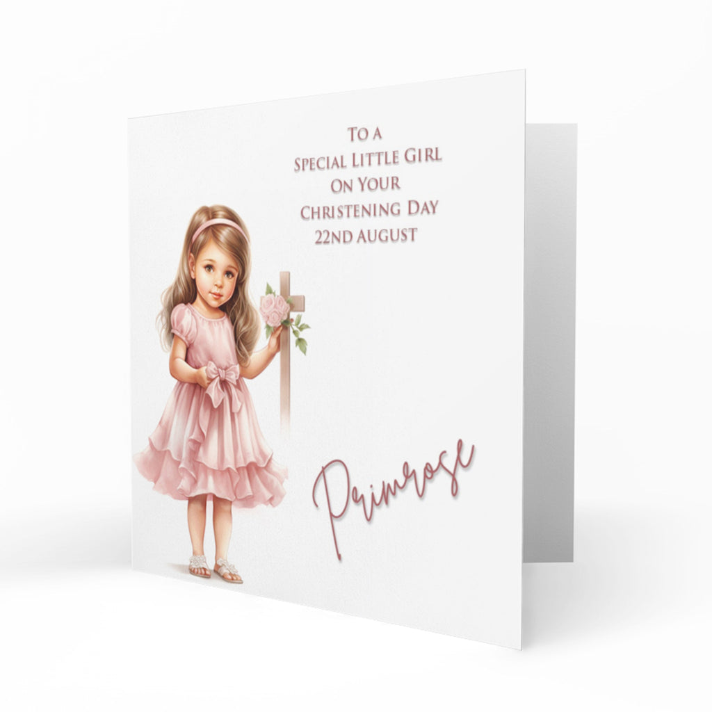 Personalised Christening Card - Brown Haired Girl in Pink Holding a Cross