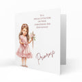 Personalised Christening Card - Brown Haired Girl in Pink Holding a Cross