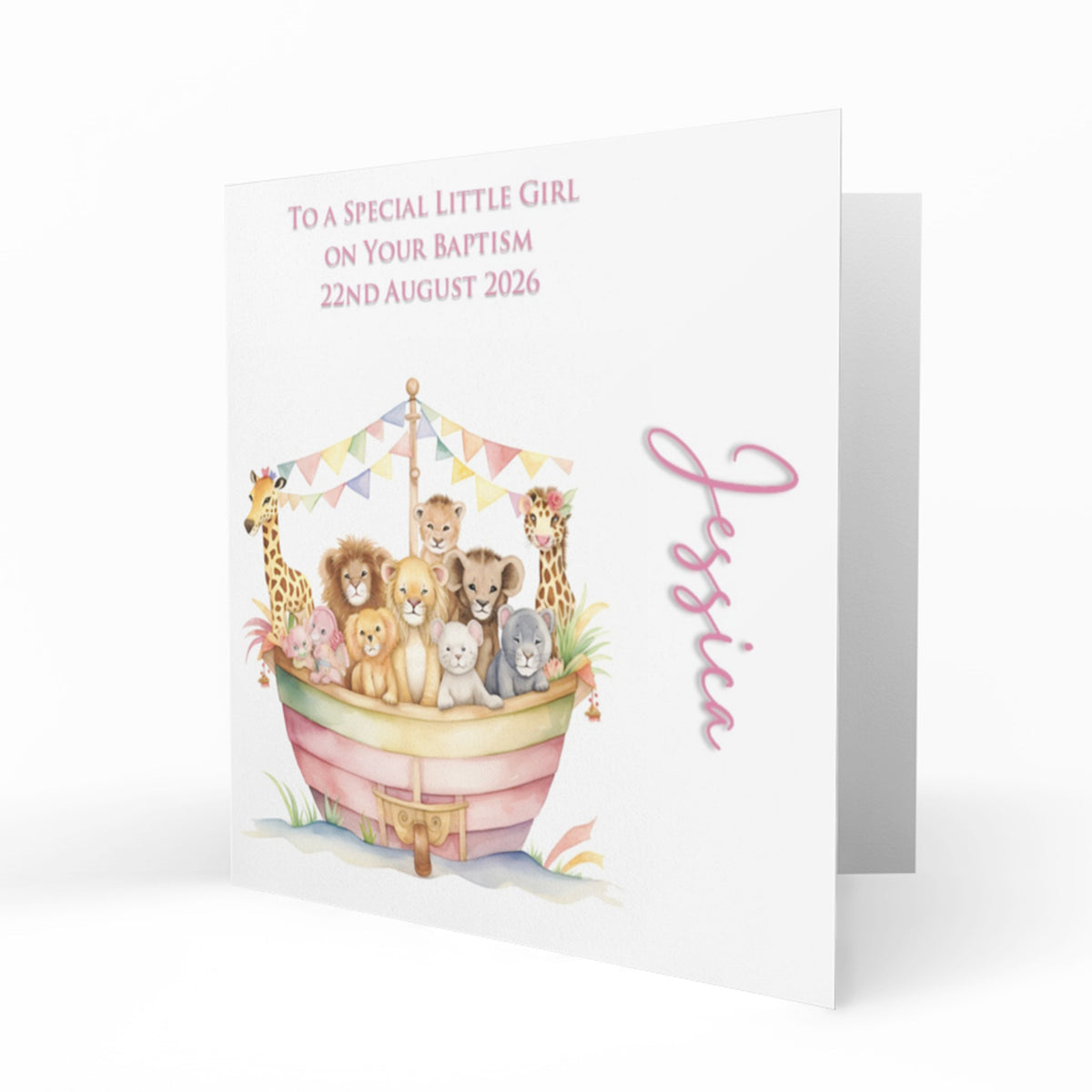 Personalised Baptism Card - Animals in a Pink Ark