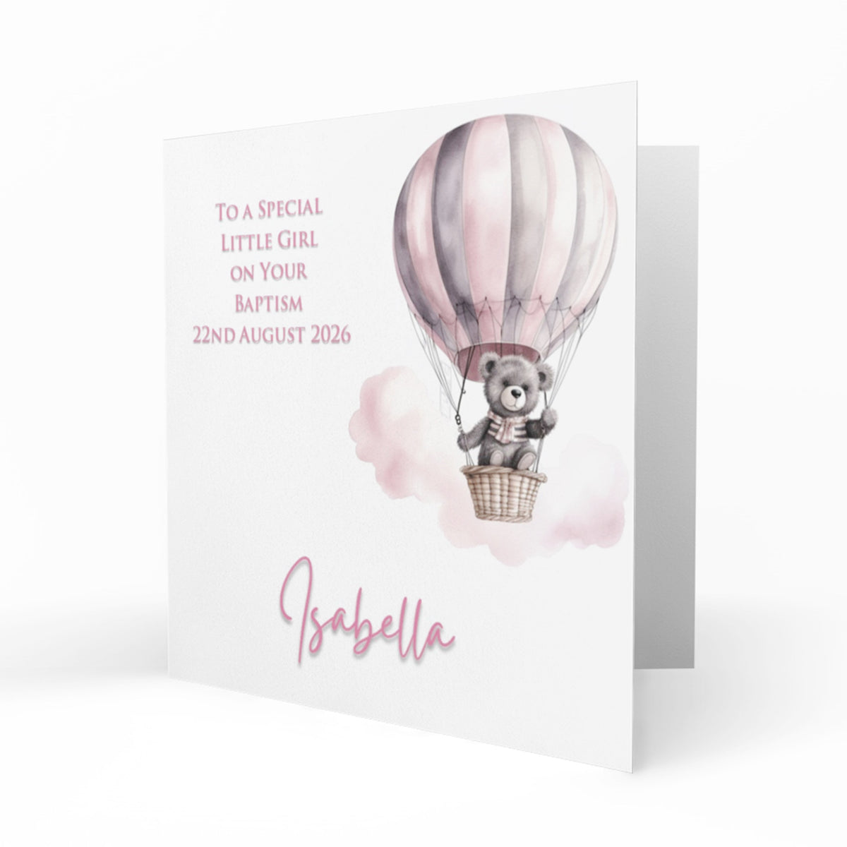 Personalised Baptism Card - Teddy Bear in Pink Hot Air Balloon