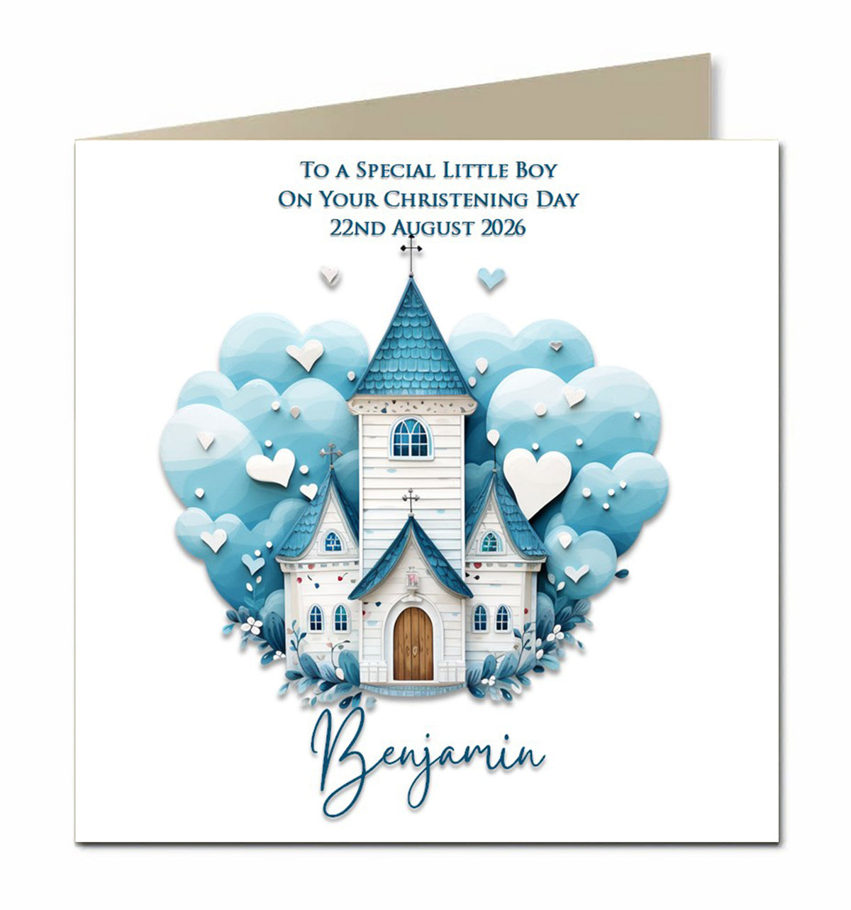 Personalised Christening Card - Blue Church and Heart Balloons