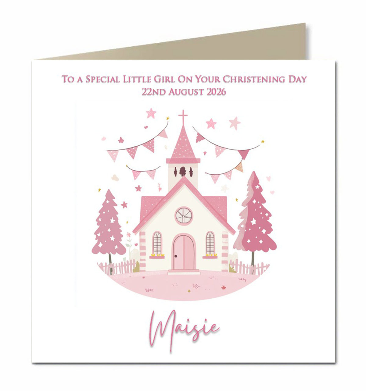 Personalised Christening Card - Pink Church with Bunting