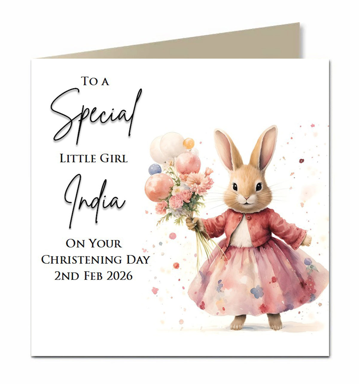Personalised Christening Card - Rabbit with Pink Dress and Flowers
