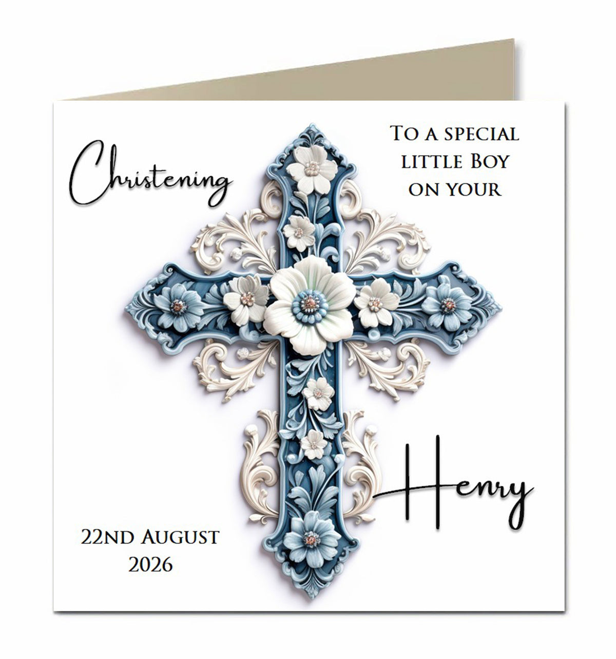 Personalised Christening Card - Blue Floral Cross