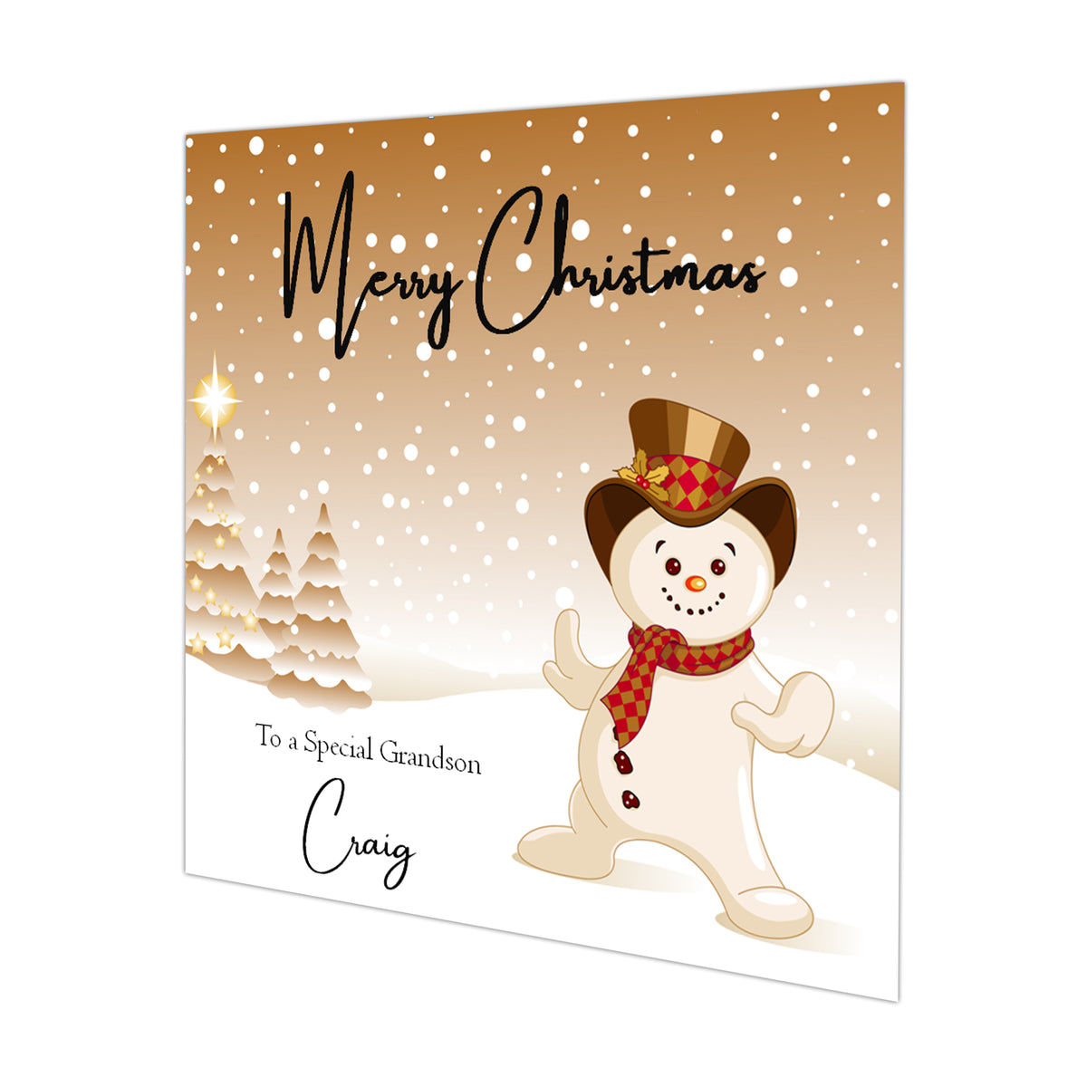 Personalised Christmas Card - Snowman with Gold Background
