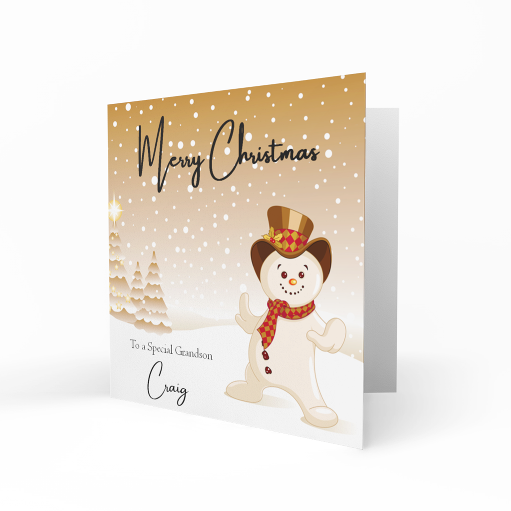 Personalised Christmas Card - Snowman with Gold Background