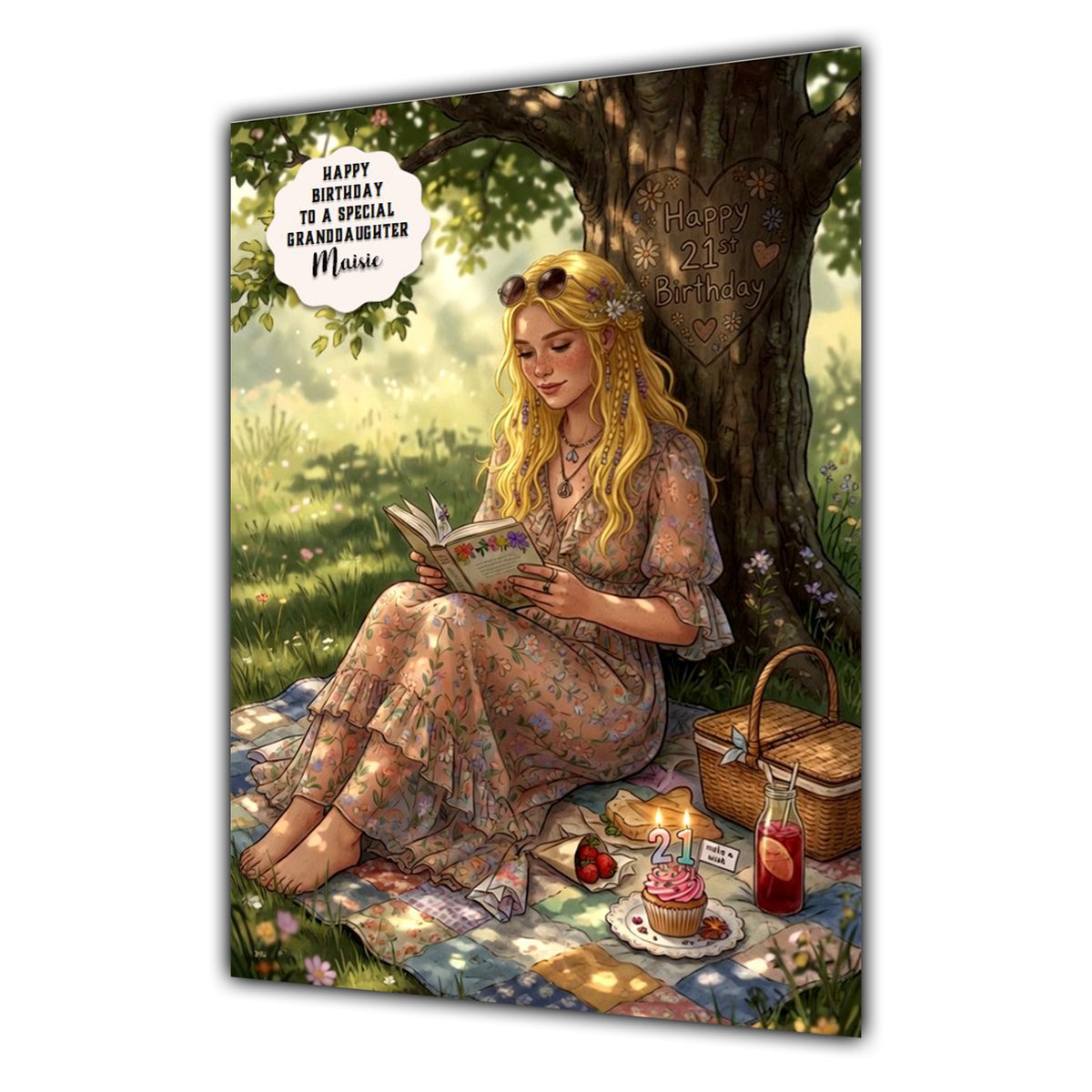 Personalised Birthday Card - Woman Reading under a Tree - Blonde Hair