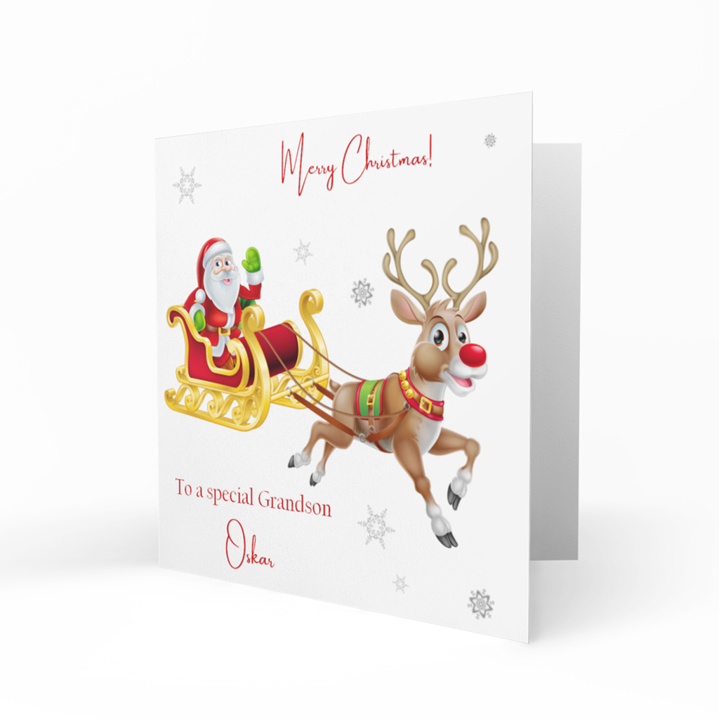 Personalised Christmas Card - Santa in a Sleigh with Reindeer