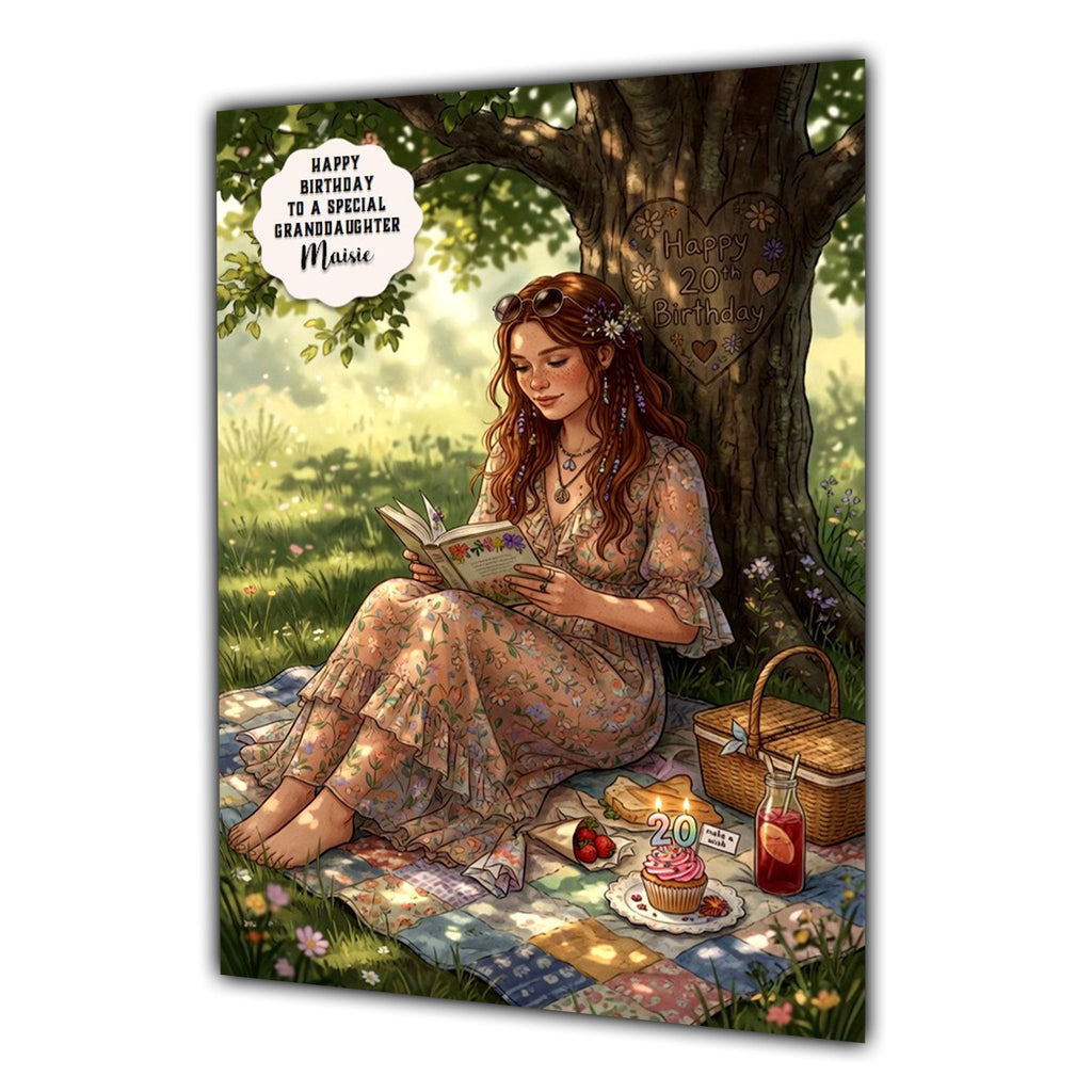 Personalised Birthday Card - Woman Reading under a Tree - Brown Hair