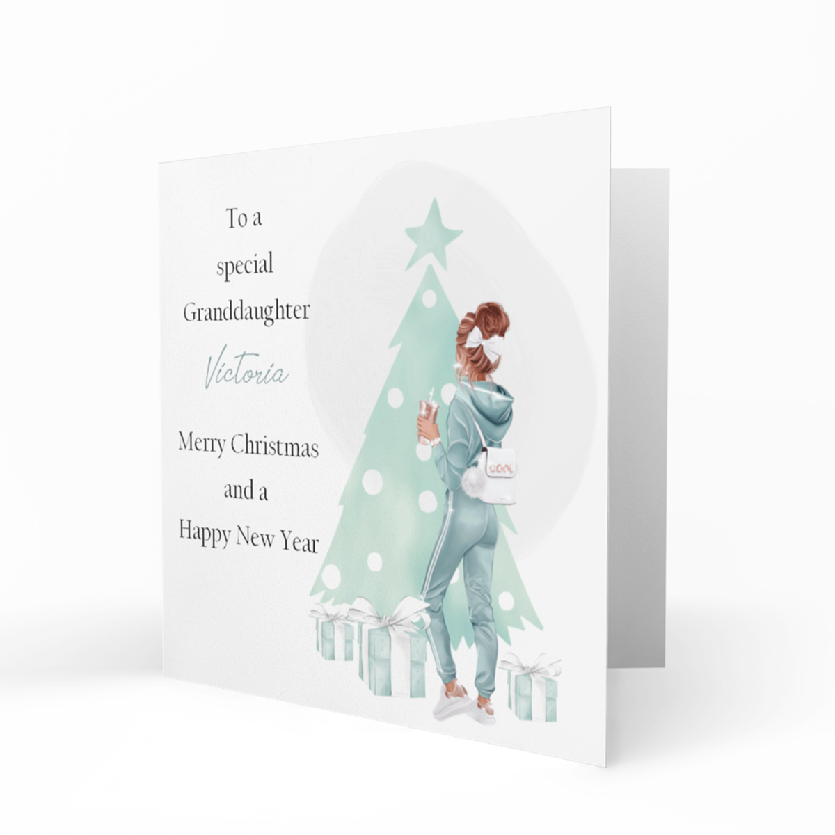 Personalised Christmas Card - Girl in Green by Christmas Tree